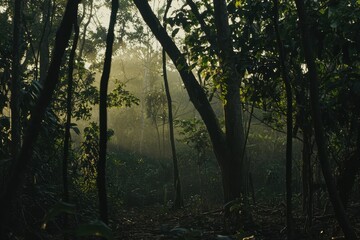 Obraz premium Lush Forest at Dawn: A dense forest with towering trees shrouded in morning mist