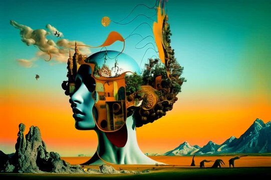creative fantasy illustration of a woman with trees and city
