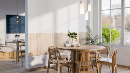The set of wooden table and chairs next to the glass window in a cafe or restaurant. Cosy Interior.