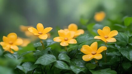 Fototapeta premium Rain-Kissed Yellow Flowers for Lush Garden.