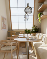 The set of wooden armchairs and sofa with round stool in the cafe corner under large roof window.