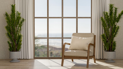 Wooden armchair in the room with large wall window, white curtain and plants. Mountain and sea view.