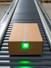 Brown cardboard box on conveyor belt with green light indicator in warehouse setting