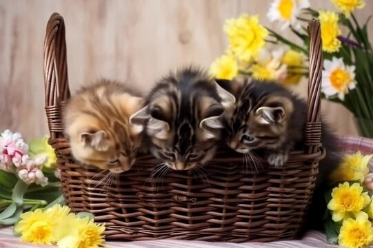 Cute kittens in a basket with flowers look around. Lovely image.