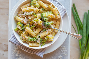 Pasta with leek, broccoli and ham in a delicious sour cream sauce on a plate