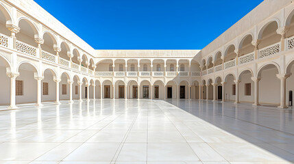 Fototapeta premium Elegant White Marble Courtyard with Ornate Arches and Blue Sky in Rajasthan India