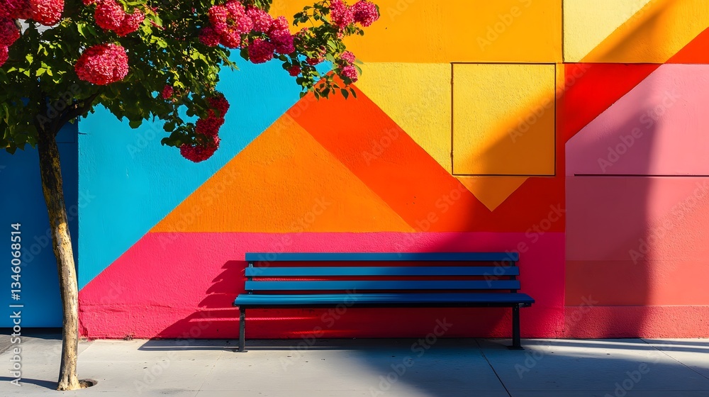 Leinwandbilder blooming tree and empty bench in front of colorful wall