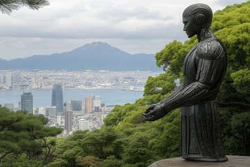 Obraz premium A robotic samurai standing at the top of Mount Omuro, overlooking a futuristic cityscape replacing the traditional Izu coastline