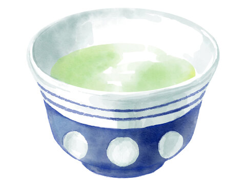 湯呑みに入った温かい緑茶の水彩イラスト(レトロ水玉)