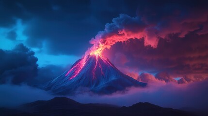 Fototapeta premium Majestic Eruption of a Volcano Against a Dramatic Sky with Fiery Lava Flowing and Billowing Clouds in a Stunning Landscape Setting
