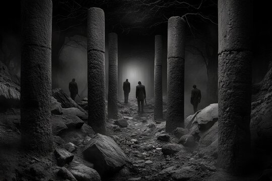 A ruined city being reconstructed by ghostly workers, their spectral forms moving through the fog