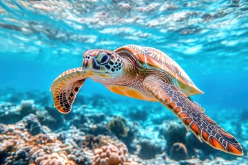 Obraz premium A green sea turtle swims above a vibrant coral reef in clear blue ocean water. Use for ocean conservation efforts, tourism, and animal welfare advocacy.