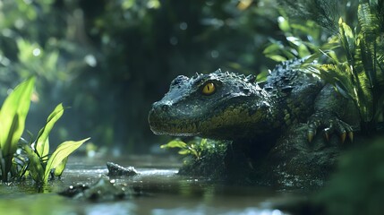Fototapeta premium Young crocodile resting on a rock by the river in lush tropical rainforest