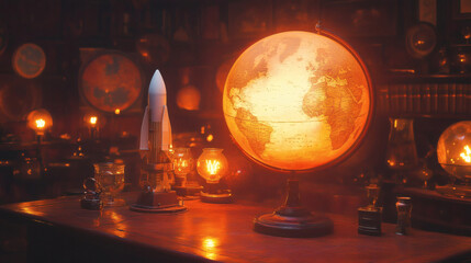 A globe sits on a table next to a model rocket