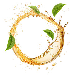 Refreshing Herbal Tea Splash with Green Leaves and Golden Liquid