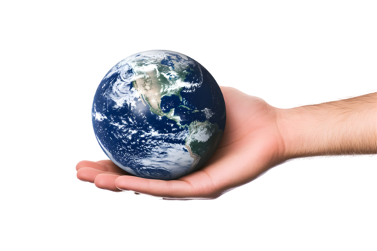 Conceptual Photo of Earth Globe in Human Hand Against Transparent Background Representing Environmental Protection and Global Responsibility for a Sustainable Future of Blue Planet