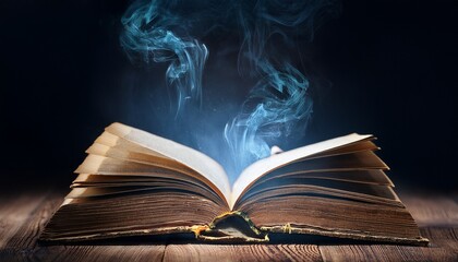 open a mysterious old book on wooden table smoke float up from book