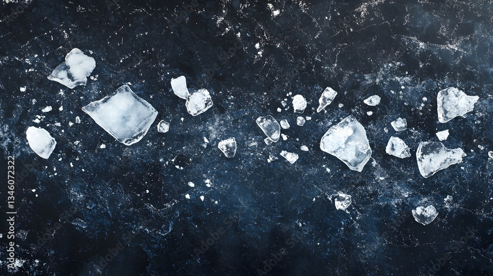 Poster Ice fragments floating on dark water surface creating abstract pattern