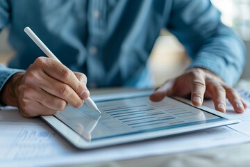 Close-up of a businessman completing an online survey on a tablet in an office.