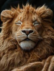 Fototapeta premium Majestic lion basks, eyes closed, radiating warmth and serene relaxation