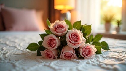 Fototapeta premium Pink Roses Bouquet on Soft Bed Romantic Bedroom Decor