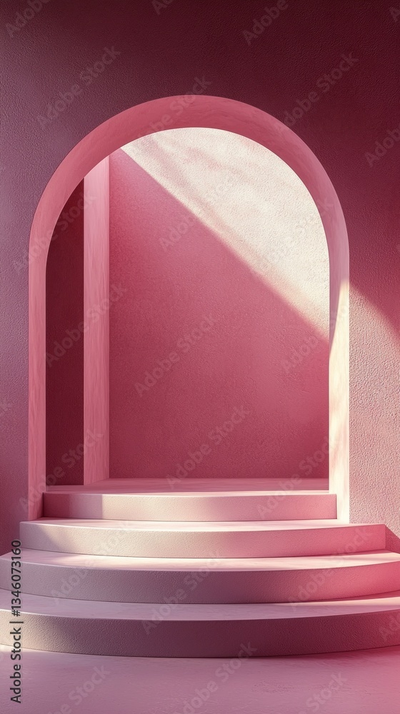 Poster soft sunlight spills through an elegant archway into a serene pink corridor, highlighting smooth ste