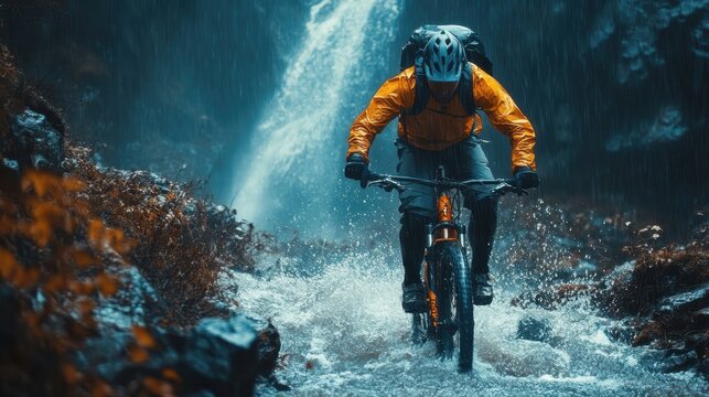 Male cyclist braving mountain trail under heavy rain near waterfall - Powered by Adobe