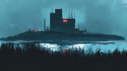 Fototapeta premium Dark mysterious structure and red lights sit near the water