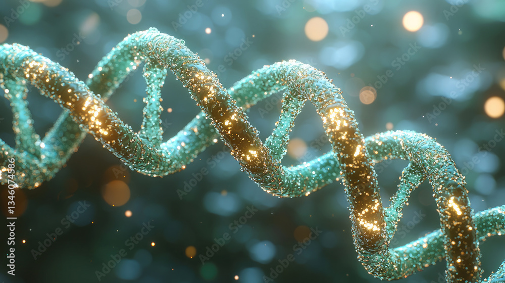 Fototapete close up view of DNA double helix structure, showcasing intricate details with shimmering particles and vibrant background. image conveys sense of scientific discovery and innovation