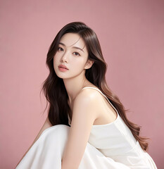 Asian girl with long hair sitting, beauty salon modeling, clothing modeling