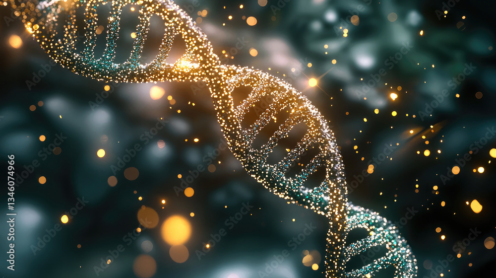 Fototapete close up view of DNA double helix structure, showcasing intricate details and glowing particles that create sense of wonder and scientific exploration. vibrant colors and sparkling elements