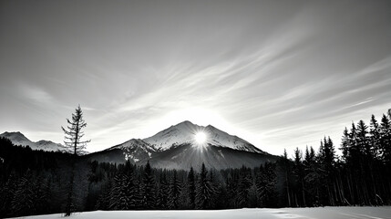 Black And White Mountain Sunset Scene Behind Forest Horizon and Light Beam Shining Through the Peak