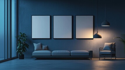 Serene Evening Interior Design: Modern Minimalist Living Room with Blank Canvas