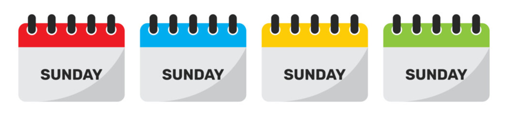 Sunday calendar icon set in red, blue, yellow and green. Set of flat sunday calendar icons isolated on a white background.