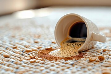 A detailed shot of coffee spilling onto a carpet, causing a messy and stained mess.