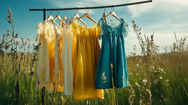 Colorful dresses hanging on a rack in a sunlit field, surrounded by tall grass and a clear sky
