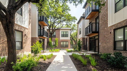 Naklejka premium Contemporary apartment buildings exterior view with green foliage and sunlit pathway in daytime