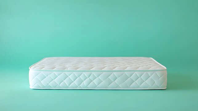 Comfortable mattress standing on turquoise background promoting restful sleep
