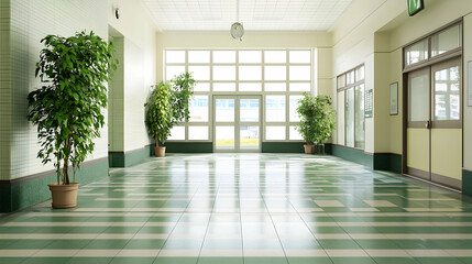 Fototapeta premium Empty School Corridor With Green Plants And Large Windows