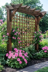 Beautiful garden with a wooden trellis adorned by blooming pink flowers set on a bright summer day