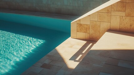 Sunlit poolside with geometric shadow patterns on tiled surface. Wallpaper