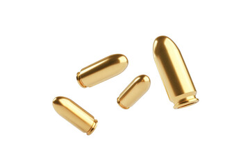 Four gold bullets are scattered across a white background, isolated