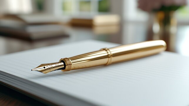 Golden fountain pen rests on lined notebook on a wooden desk, sunlight filters in