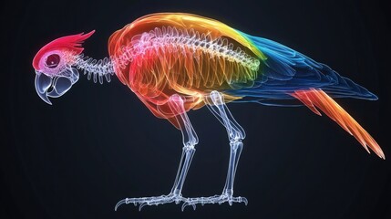 Vibrant Parrot Skeleton in Radiant Ray View with Glowing Bones and Colorful Feathers