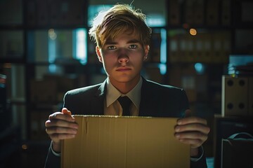 A solemn and determined young businessman holds a cardboard box in his office, symbolizing job loss and the challenges of moving on after being laid off.