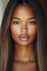 Obraz premium Young woman with long straight hair and captivating eyes poses for a close-up portrait in natural light against a soft background