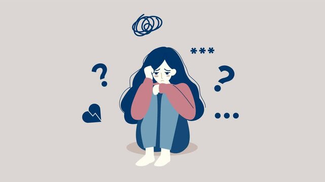 animation Depressed and sad girl .Mental health, depression Video about emotional condition . animated Young woman and symptoms of mental illness