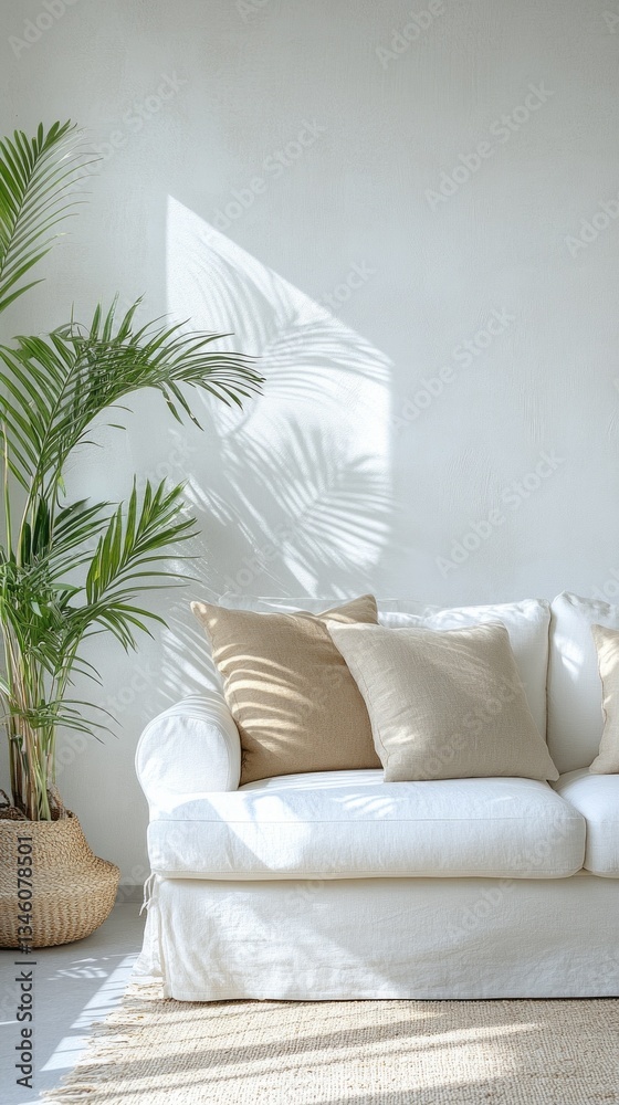 Poster a white, comfortable sofa adorned with beige pillows sits invitingly in a bright, airy space. sunlig