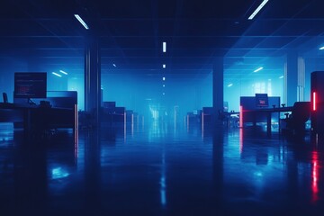 Empty futuristic office space bathed in blue and red neon light.  Sleek workstations and reflective floors create a modern, technological atmosphere.