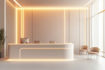 Fototapeta premium Office reception with ivory neon walls, soft lighting, and minimalist design for creating an airy, welcoming atmosphere.